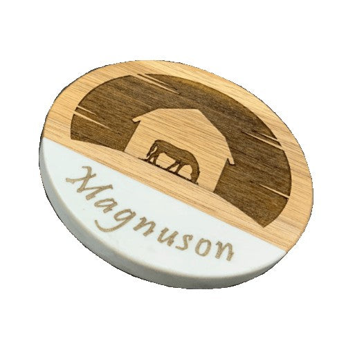 Personalized : White Marble & Acacia Wood Round Coaster AVDC INK