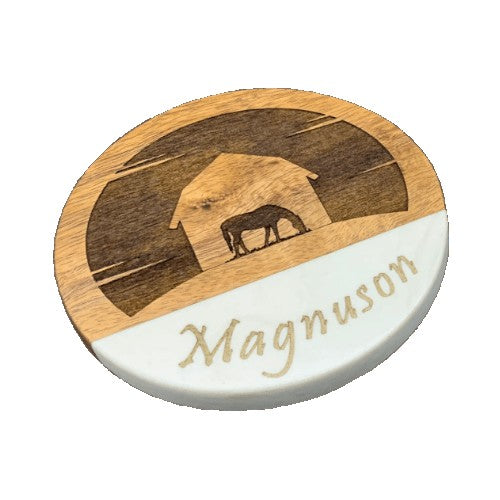 Personalized : White Marble & Acacia Wood Round Coaster AVDC INK