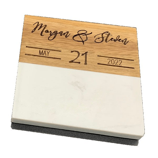 4" White Marble & Acacia Wood Square Coaster AVDC INK